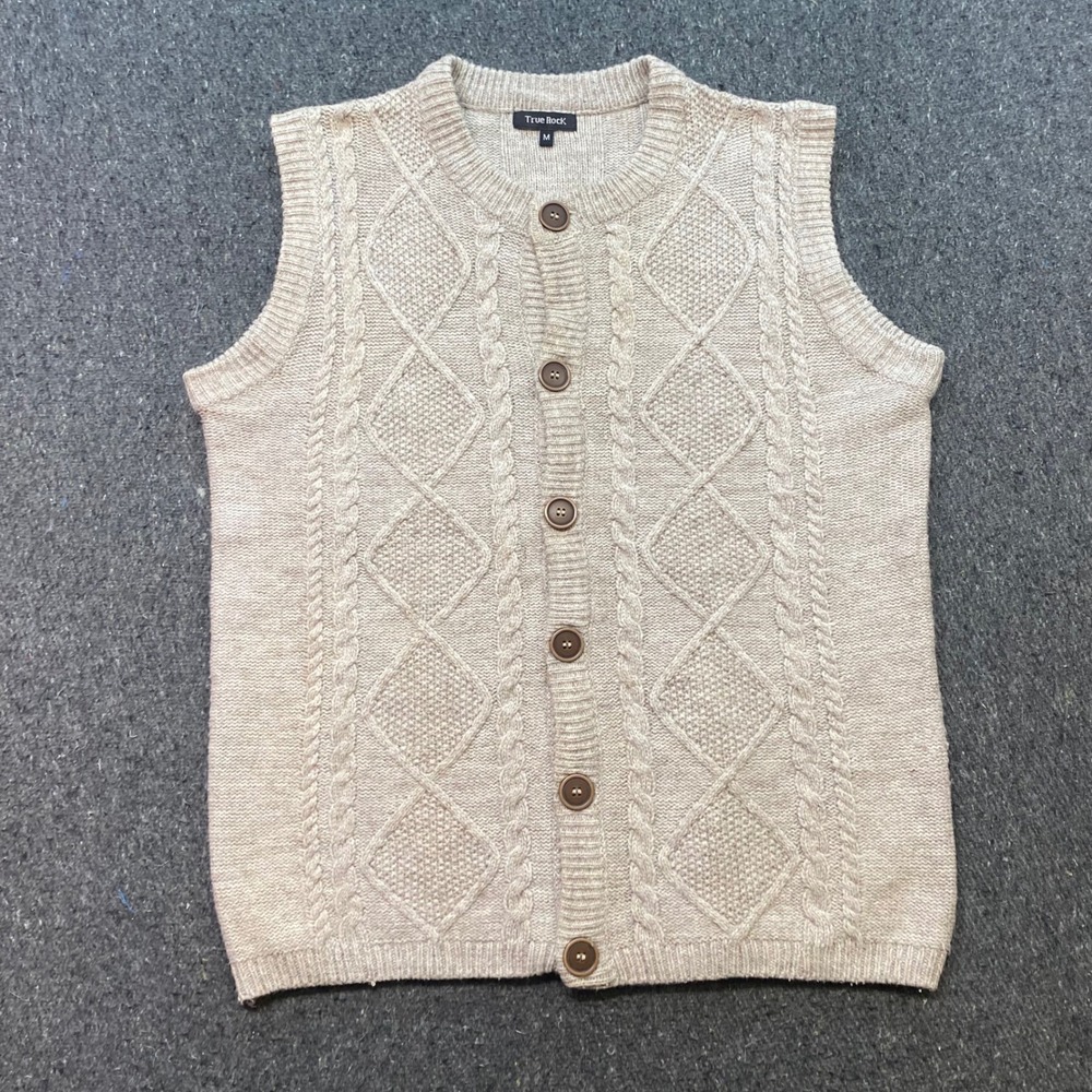 True Rock Cable Knit Sweater Vest Sz M Mens Beige Wool Blend Button Front Preppy